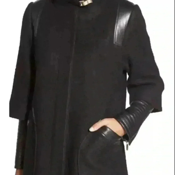 Badgley Mischka Coco Leather Trimmed Wool Blend Topcoat Coat, size M - Picture 7 of 11